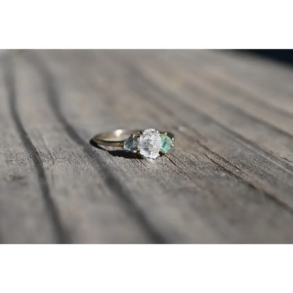 Emerald and Montana sapphire engagement ring 14k white gold size 12